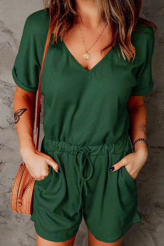 Shop Full Size Drawstring V-Neck Short Sleeve Romper - High-Quality U.S. Made Women’s Fashion with Free Fast Shipping