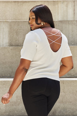 Shop And The Why Pearly White Full Size Criss Cross Pearl Detail Open Back T-Shirt - High-Quality U.S. Made Women’s Fashion with Free & Fast Shipping