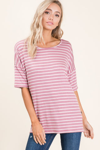 Shop Mauve BOMBOM Striped Round Neck Half Sleeve T-Shirt - High-Quality U.S. Made Women’s Fashion with Free & Fast Shipping