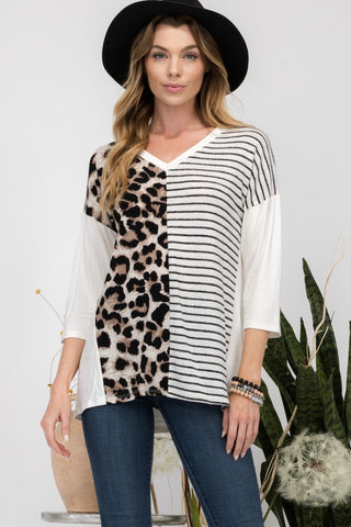 Shop Celeste Full Size Front Leopard and Striped Print V-Neck T-Shirt - High-Quality U.S. Made Women’s Fashion with Free & Fast Shipping