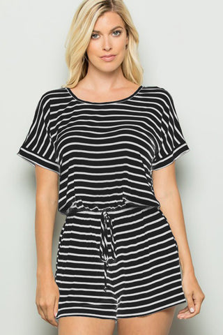 Shop BLACKIVORY Heimish Full Size Striped Round Neck Short Sleeve Romper - High-Quality U.S. Made Women’s Fashion with Free & Fast Shipping