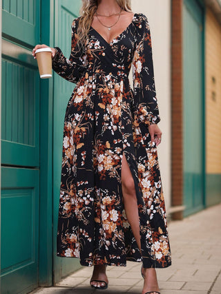 Shop Perfee Slit Printed Surplice Long Sleeve Maxi Dress - High-Quality U.S. Made Women’s Fashion with Free & Fast Shipping