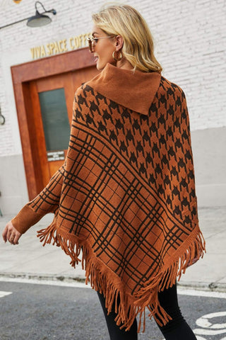 Shop Houndstooth Turtleneck Fringe Hem Poncho - High-Quality U.S. Made Women’s Fashion with Free Fast Shipping