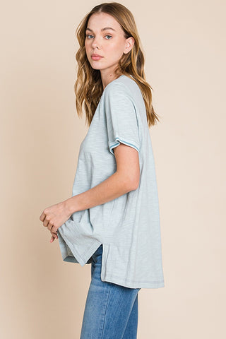 Shop Cotton Bleu by Nu Lab Contrast Trim Short Sleeve Slit T-Shirt - High-Quality U.S. Made Women’s Fashion with Free & Fast Shipping