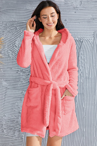 Shop Coral Fuzzy Tied Pocketed Hooded Lounge Nightgown - High-Quality U.S. Made Women’s Fashion with Free & Fast Shipping