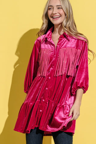 Shop Magenta And The Why Fringe Detailed Velvet Shirt Dress - High-Quality U.S. Made Women’s Fashion with Free & Fast Shipping