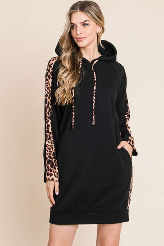 Shop BLACK Culture Code Drawstring Leopard Long Sleeve Hooded Dress - High-Quality U.S. Made Women’s Fashion with Free & Fast Shipping