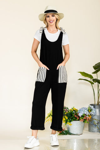 Shop BLACK Celeste Full Size Stripe Contrast Pocket Rib Jumpsuit - High-Quality U.S. Made Women’s Fashion with Free & Fast Shipping