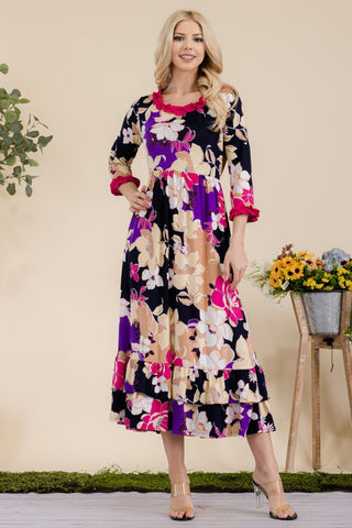 Shop Navy Fuchsia Floral Celeste Full Size Floral Ruffled Midi Dress - High-Quality U.S. Made Women’s Fashion with Free & Fast Shipping