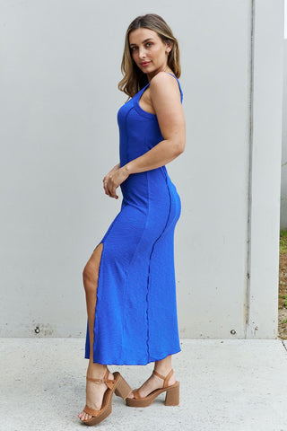 Shop Culture Code Look At Me Full Size Notch Neck Maxi Dress with Slit in Cobalt Blue - High-Quality U.S. Made Women’s Fashion with Free & Fast Shipping