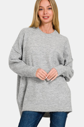 Shop Grey Zenana High-Low Hem Drop Shoulder Sweater - High-Quality U.S. Made Women’s Fashion with Free & Fast Shipping