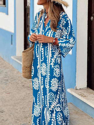 Shop Blue Printed Notched Half Sleeve Maxi Dress - High-Quality U.S. Made Women’s Fashion with Free & Fast Shipping