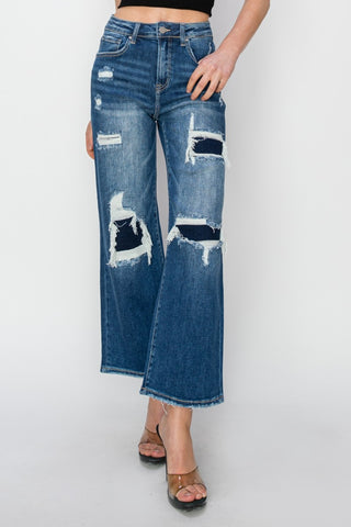 Shop Risen Full Size High Rise Patch Detailed Wide Leg Crop Jeans - High-Quality U.S. Made Women’s Fashion with Free Fast Shipping