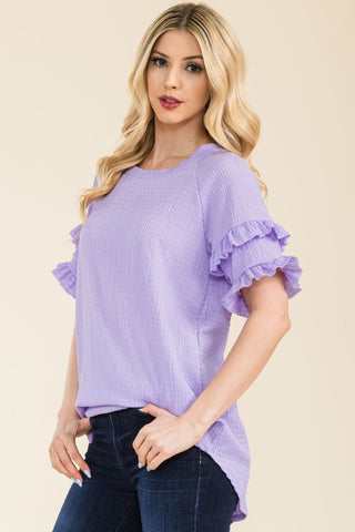 Shop Celeste Full Size Ruffle Short Sleeve Texture Top - High-Quality U.S. Made Women’s Fashion with Free & Fast Shipping