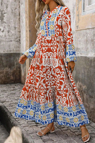 Shop Printed Notched Long Sleeve Maxi Dress - High-Quality U.S. Made Women’s Fashion with Free Fast Shipping