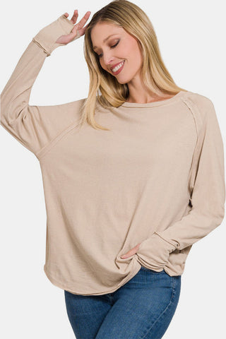 Shop Zenana Round Neck Thumbhole Long Sleeve Top - High-Quality U.S. Made Women’s Fashion with Free & Fast Shipping