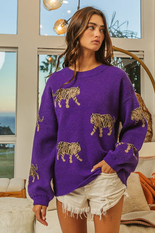 Shop BiBi Tiger Pattern Long Sleeve Sweater - High-Quality U.S. Made Women’s Fashion with Free Fast Shipping