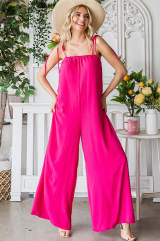 Shop FUCHSIA Veveret Pocketed Spaghetti Strap Wide Leg Jumpsuit - High-Quality U.S. Made Women’s Fashion with Free & Fast Shipping