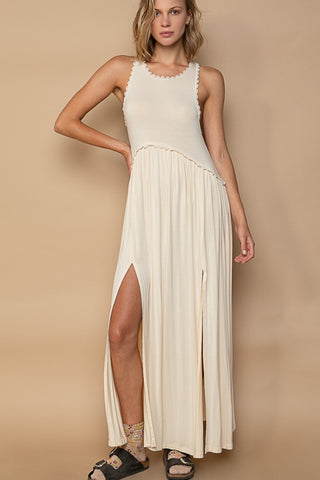 Shop Cream POL Sleeveless Back Zipper Front Slit Maxi Dress - High-Quality U.S. Made Women’s Fashion with Free & Fast Shipping