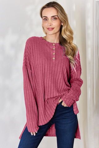 Shop Hot Pink Basic Bae Full Size Ribbed Half Button Long Sleeve High-Low T-Shirt - High-Quality U.S. Made Women’s Fashion with Free & Fast Shipping