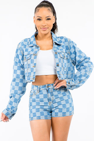 Shop Blue American Bazi Checkered Long Sleeve Cropped Denim Jacket - High-Quality U.S. Made Women’s Fashion with Free & Fast Shipping