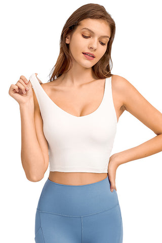 Shop White Millennia Deep V-Neck Crop Sports Bra - High-Quality U.S. Made Women’s Fashion with Free & Fast Shipping