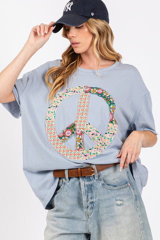 Shop Dusty Blue SAGE + FIG Peace Sign Round Neck Half Sleeve T-Shirt - High-Quality U.S. Made Women’s Fashion with Free & Fast Shipping