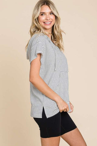 Shop Culture Code Full Size Striped Short Sleeve Hooded Top - High-Quality U.S. Made Women’s Fashion with Free & Fast Shipping