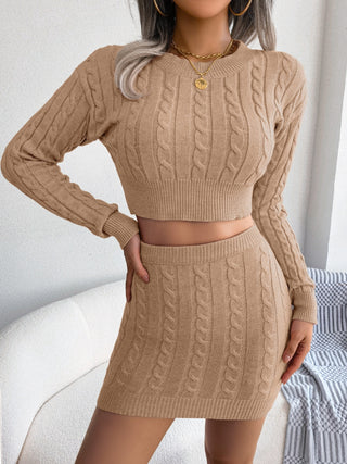 Shop Cable-Knit Round Neck Top and Skirt Sweater Set - High-Quality U.S. Made Women’s Fashion with Free Fast Shipping