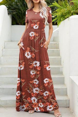 Shop Printed Round Neck Short Sleeve Maxi Dress - High-Quality U.S. Made Women’s Fashion with Free Fast Shipping