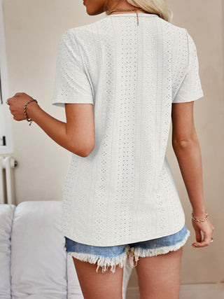 Shop Lovelet Eyelet V-Neck Short Sleeve Top - High-Quality U.S. Made Women’s Fashion with Free & Fast Shipping