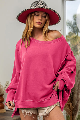 Shop Fuchsia BiBi Washed French Terry Slit Sweatshirt - High-Quality U.S. Made Women’s Fashion with Free & Fast Shipping