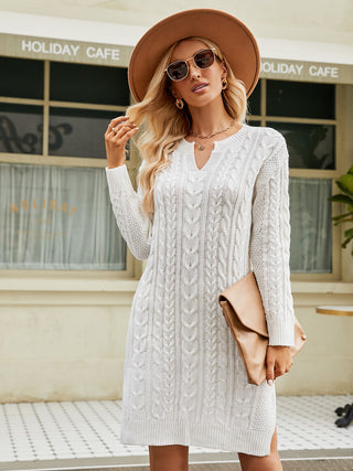 Shop Notched Neck Cable-Knit Slit Sweater Dress - High-Quality U.S. Made Women’s Fashion with Free & Fast Shipping