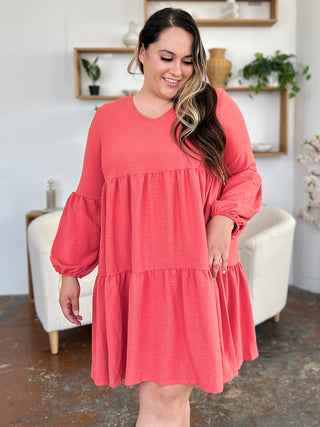 Shop Double Take Full Size V-Neck Balloon Sleeve Tiered Dress with Pockets - High-Quality U.S. Made Women’s Fashion with Free & Fast Shipping