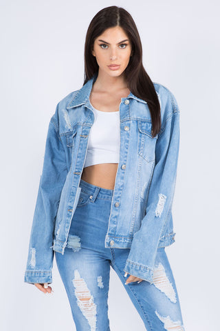 Shop Blue American Bazi Full Size Painted Back Distressed Denim Jacket - High-Quality U.S. Made Women’s Fashion with Free & Fast Shipping