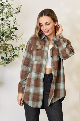 Shop Olive Brown Plaid Dropped Shoulder Shirt - High-Quality U.S. Made Women’s Fashion with Free & Fast Shipping