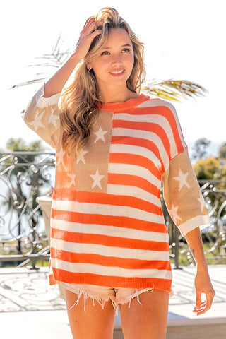 Shop BiBi American Flag Round Neck Knit Top - High-Quality U.S. Made Women’s Fashion with Free & Fast Shipping