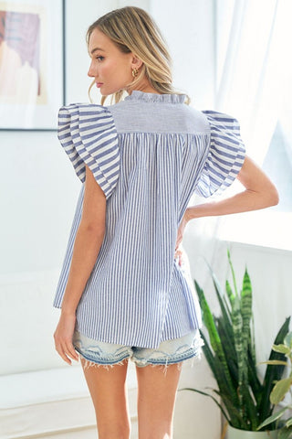 Shop First Love Full Size Striped Flutter Sleeve Blouse - High-Quality U.S. Made Women’s Fashion with Free & Fast Shipping