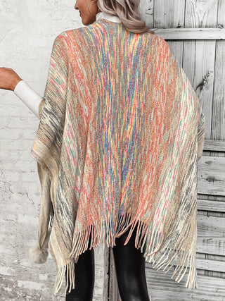 Shop Open Front Poncho with Pom Poms - High-Quality U.S. Made Women’s Fashion with Free & Fast Shipping