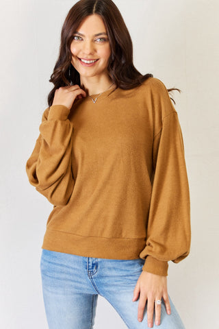 Shop Pale Brown HYFVE Round Neck Long Sleeve Top - High-Quality U.S. Made Women’s Fashion with Free & Fast Shipping