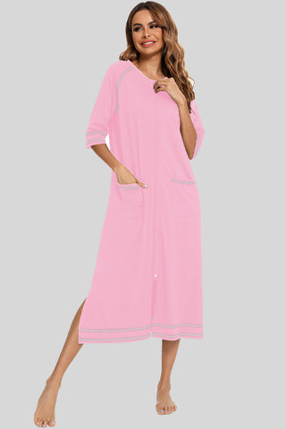 Shop Blush Pink Zip Up Slit Round Neck Night Dress with Pockets - High-Quality U.S. Made Women’s Fashion with Free & Fast Shipping