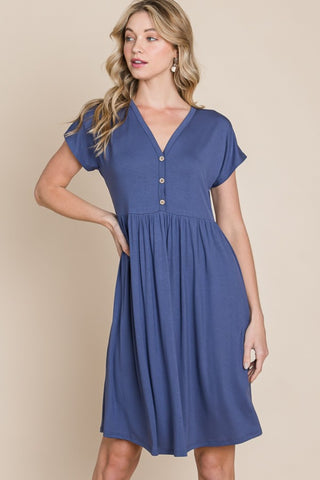 Shop Blue BOMBOM V-Neck Short Sleeve Dress - High-Quality U.S. Made Women’s Fashion with Free & Fast Shipping