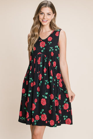 Shop Black BOMBOM Floral Ruched Tank Dress - High-Quality U.S. Made Women’s Fashion with Free & Fast Shipping