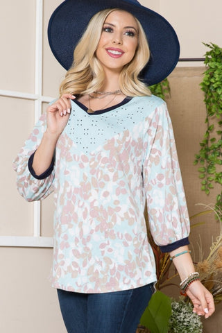 Shop Celeste Full Size Leaf Print Contrast Trim Balloon Sleeve Top - High-Quality U.S. Made Women’s Fashion with Free & Fast Shipping