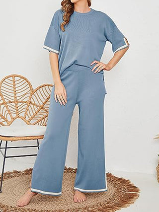 Shop Contrast High-Low Sweater and Knit Pants Set - High-Quality U.S. Made Women’s Fashion with Free Fast Shipping