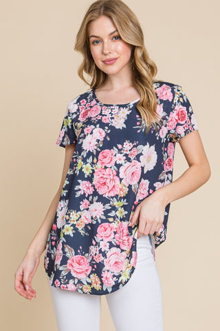 Shop Navy BOMBOM Floral Round Neck Short Sleeve T-Shirt - High-Quality U.S. Made Women’s Fashion with Free & Fast Shipping