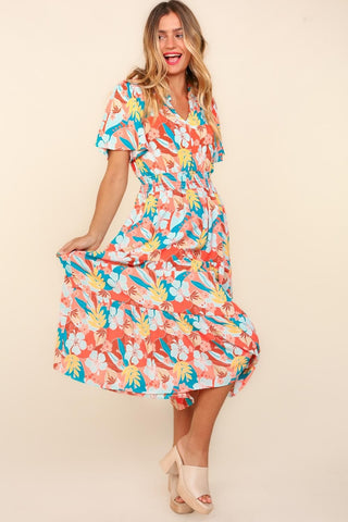 Shop Haptics Full Size Tropical Floral Tiered Dress with Side Pockets - High-Quality U.S. Made Women’s Fashion with Free & Fast Shipping