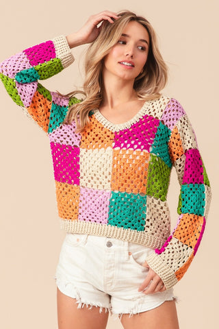 Shop BiBi Multi Color Checkered Long Sleeve Knit Top - High-Quality U.S. Made Women’s Fashion with Free Fast Shipping