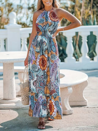 Shop Printed Halter Neck Maxi Dress - High-Quality U.S. Made Women’s Fashion with Free Fast Shipping