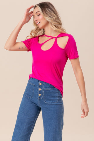 Shop BiBi Cutout Asymmetrical Neck Short Sleeve T-Shirt - High-Quality U.S. Made Women’s Fashion with Free & Fast Shipping